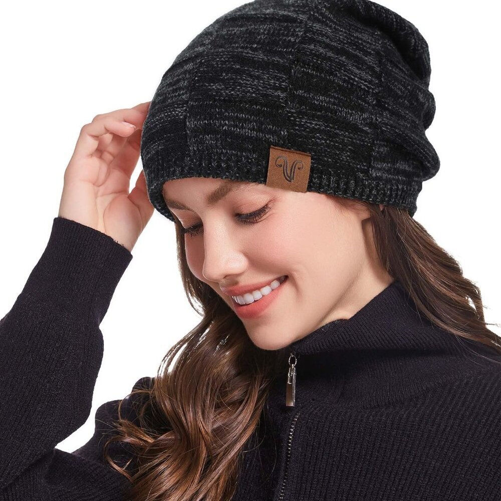 Satin Lined Slouchy Beanie Wool Blend Winter Hat Unisex Minimal Chic